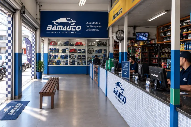 Balcão de atendimento da Bamauto com computadores e vendedores